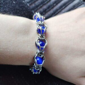Vintage silver whimsigoth fairy witch blue pearl chainmail bracelet